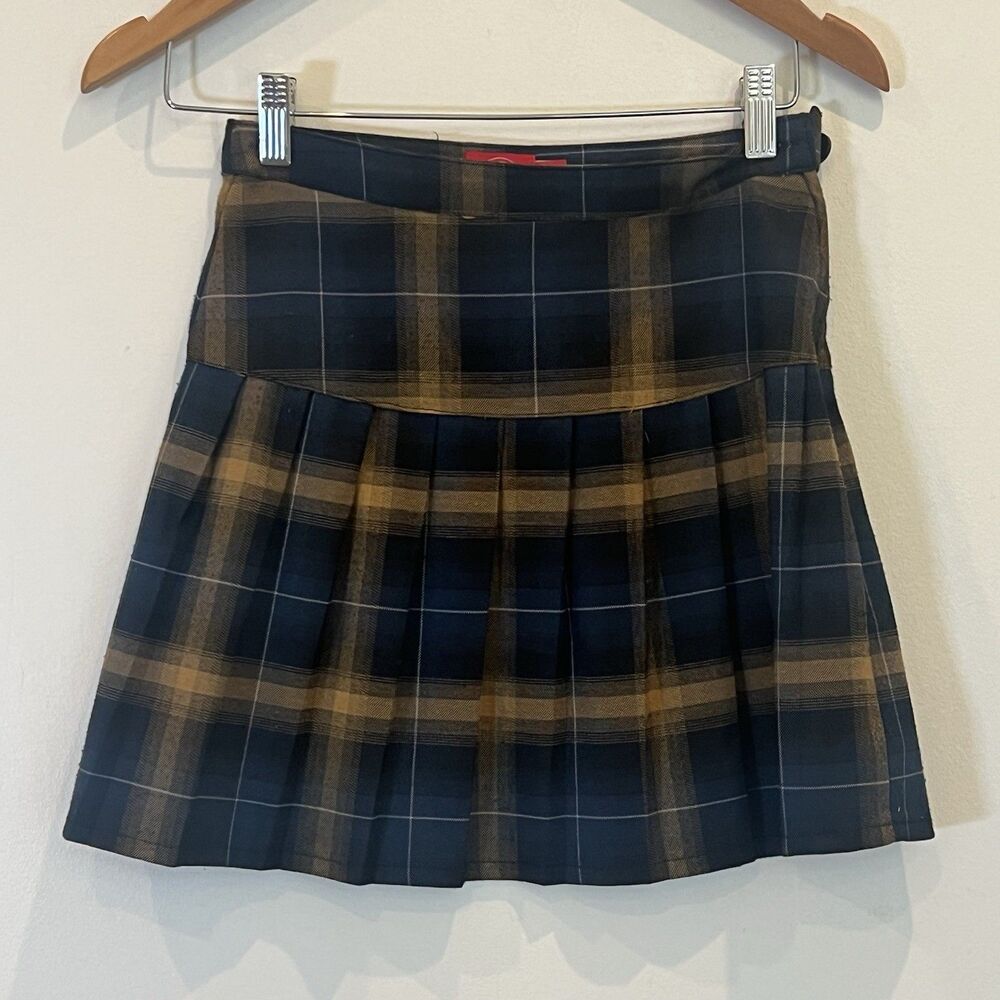 Dickies Pleated Plaid Mini Skirt Brown Blue Side Zip Juniors Teens XS